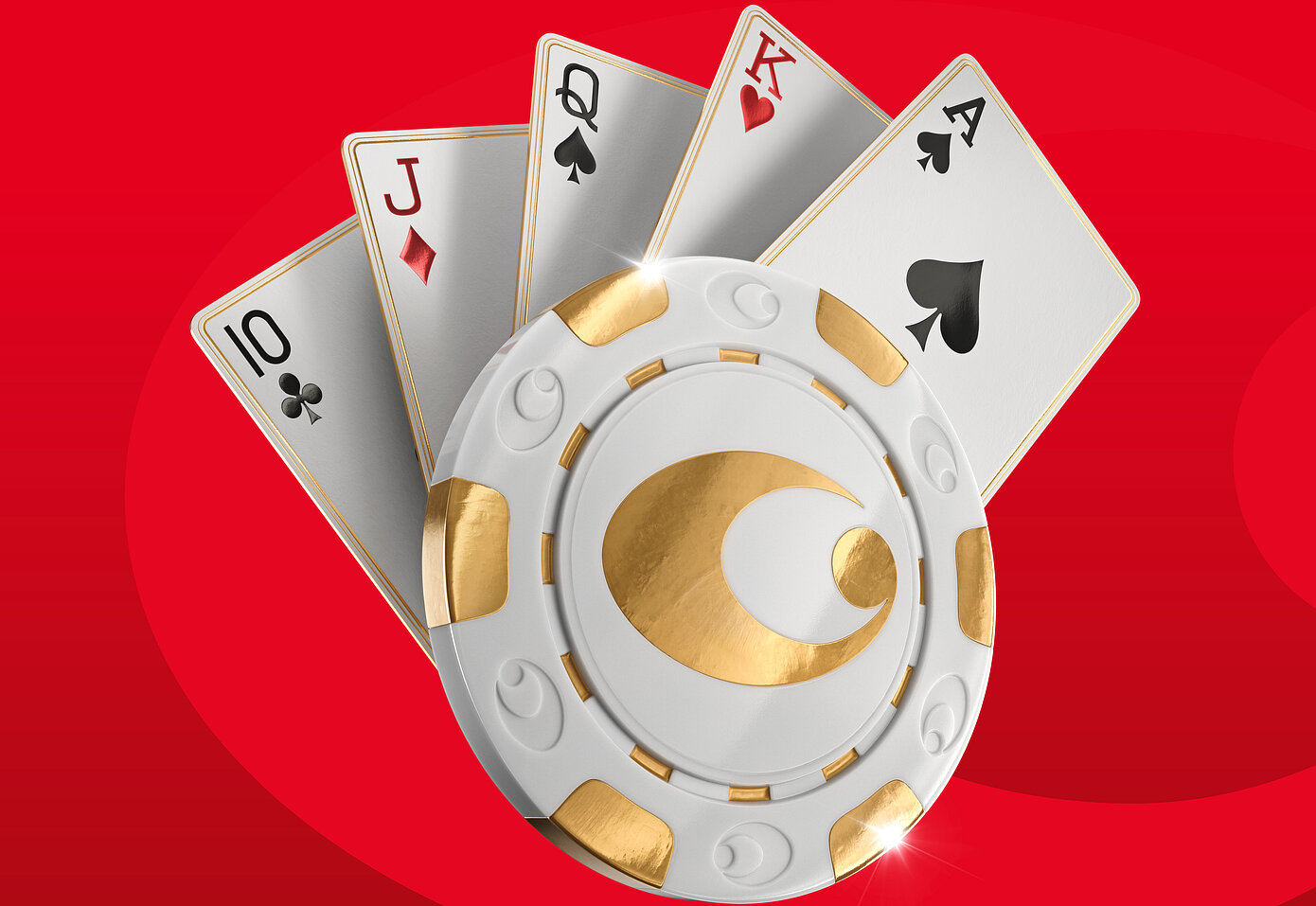 Poker-Hand mit Karten und einem gold-weißen Jeton auf rotem Hintergrund.