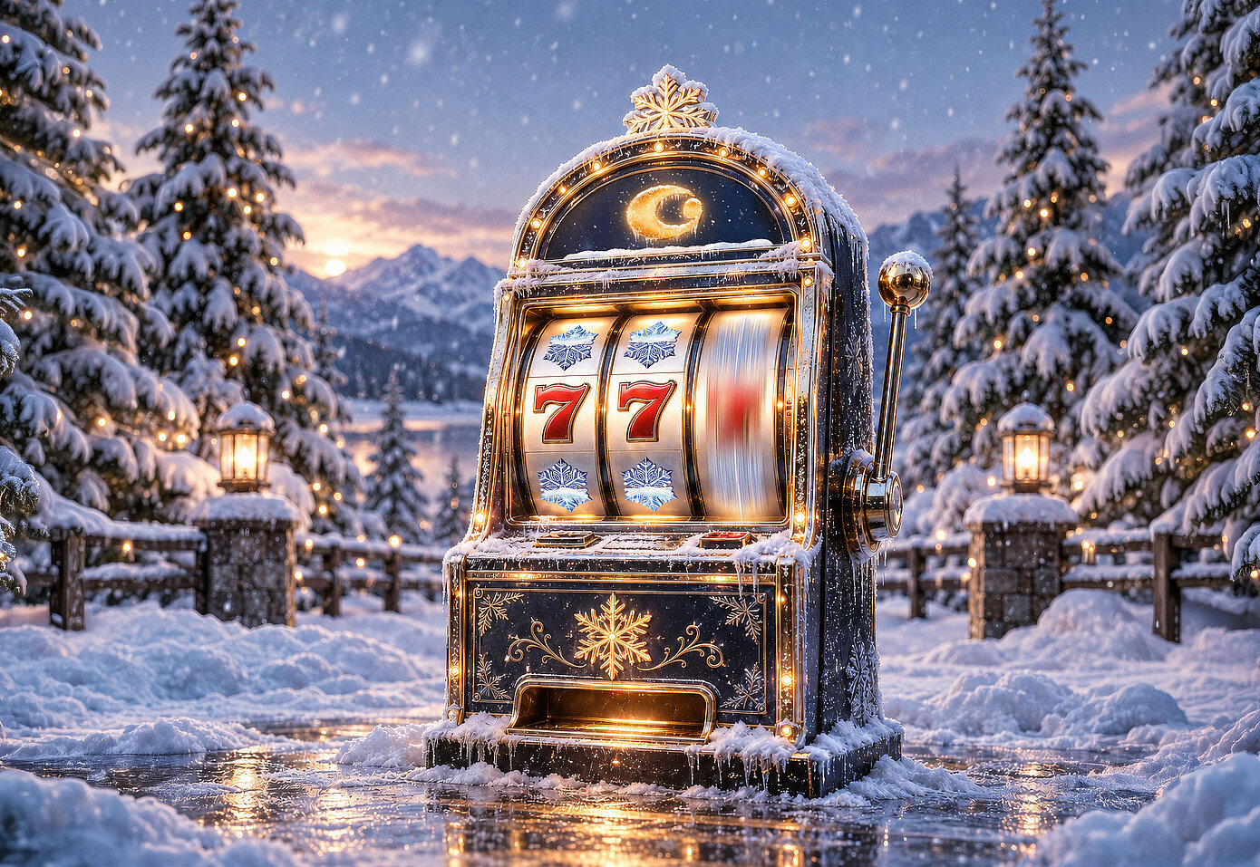 Ein goldener Spielautomat vor winterlichem Hintergrund
