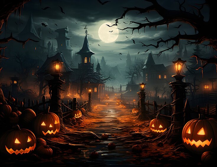 Halloween gruselig mit Kürbisen, Vollmond und Fledermäusen 