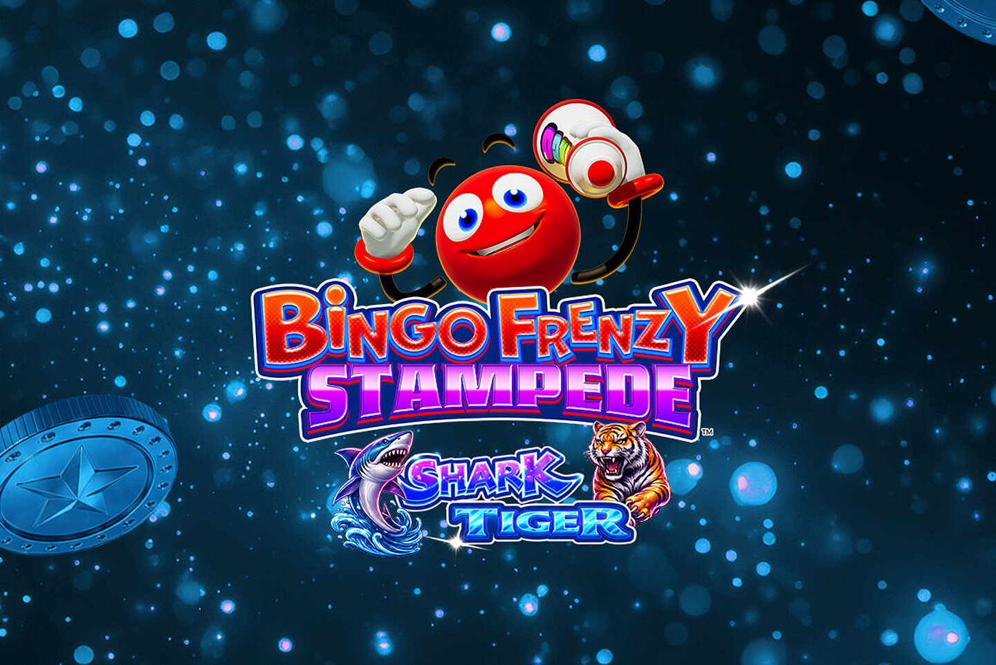 Automatenspiel Logo Bingo Frenzy auf dunkelblauem Hintergrund mit fliegenden Jetons